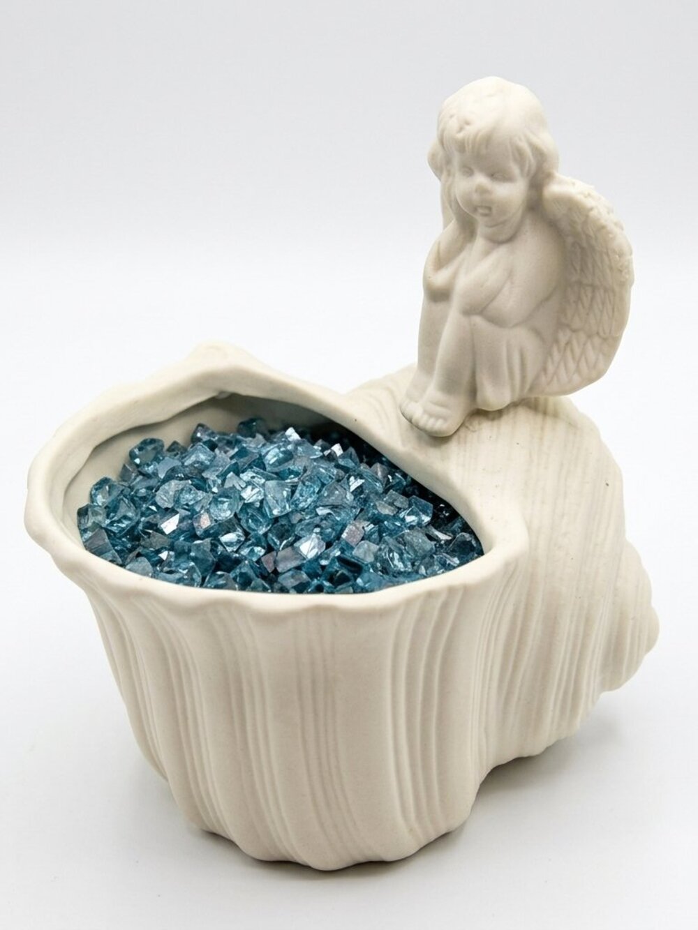 Ceramic Angel on Seashell Planter & 1lb 11oz Light Blue Metallic Vase Filler Set